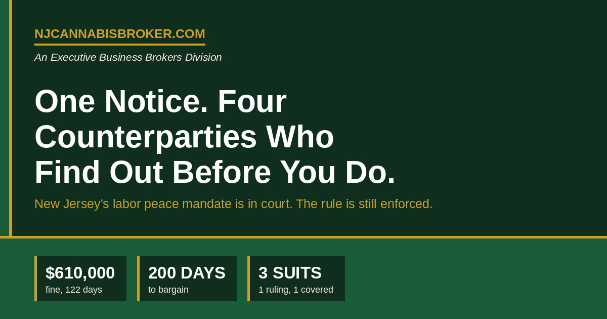 NJ Cannabis Broker header graphic on New Jersey's cannabis labor peace agreement requirement and what a notice of violation triggers